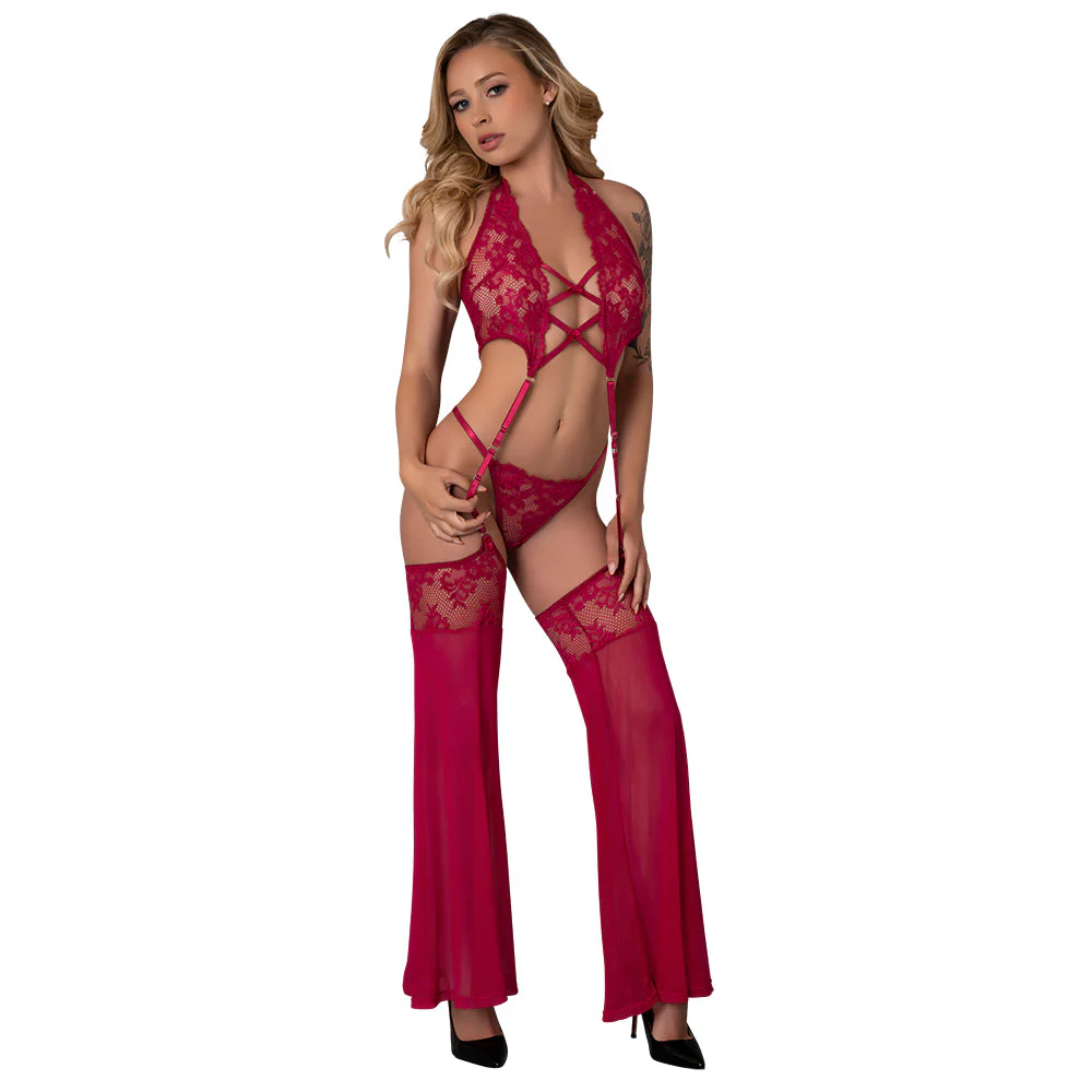 Magic Silk Black Cherry Plunge Top with Removable Chaps & Cheeky Panty Cherry